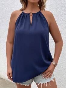 SHEIN LUNE Áo hai dây Plus Size Buộc lại màu trơn Giải trí - Màu xanh hải quân - Xem 3