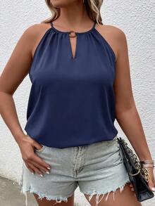 SHEIN LUNE Áo hai dây Plus Size Buộc lại màu trơn Giải trí - Màu xanh hải quân - Xem 4