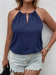 SHEIN LUNE Áo hai dây Plus Size Buộc lại màu trơn Giải trí - Màu xanh hải quân - Xem 5