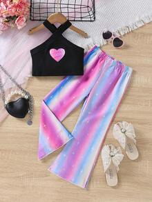 SHEIN 小女童愛心圖案吊帶上衣和漸層喇叭褲 - 彩色 - 查看 3