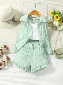 小女童素色吊帶背心和短褲和前排扣襯衫 - 彩色 - 查看 1