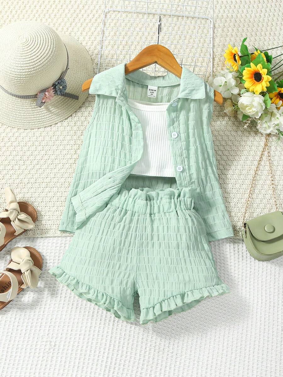 小女童素色吊帶背心和短褲和前排扣襯衫 - 彩色 - 查看 1