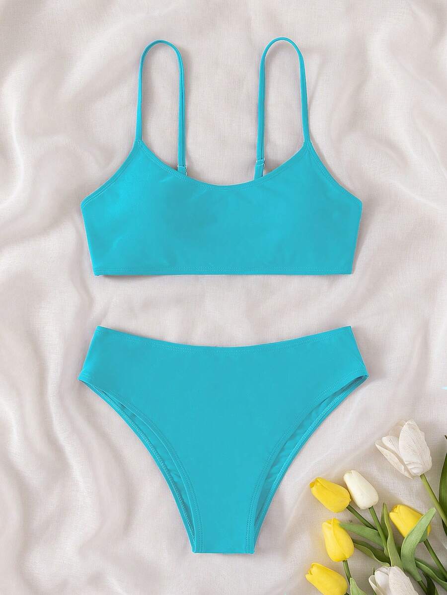 SHEIN Conjunto de bikini sólido para adolescentes, playa de verano - Azul - Ver 1