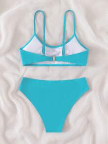 SHEIN Conjunto de bikini sólido para adolescentes, playa de verano - Azul - Ver 2