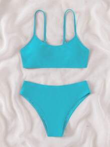 SHEIN Conjunto de bikini sólido para adolescentes, playa de verano - Azul - Ver 3