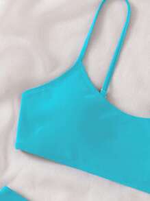 SHEIN Conjunto de bikini sólido para adolescentes, playa de verano - Azul - Ver 4