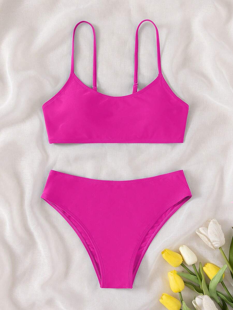 SHEIN Bộ bikini rắn chắc của cô gái tuổi teen trên bãi biển mùa hè - Màu Hồng Tươi - Xem 1
