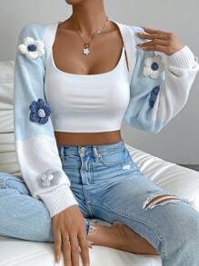 SHEIN Qutie Nữ Cardigans Đắp vá Đề can Khối Màu Hoa Giải trí - Xanh và trắng - Xem 1