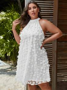 SHEIN Clasi Đầm Plus Size Đề can Nút màu trơn Giải trí - trắng - Xem 3