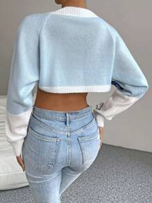 SHEIN Qutie Nữ Cardigans Đắp vá Đề can Khối Màu Hoa Giải trí - Xanh và trắng - Xem 2