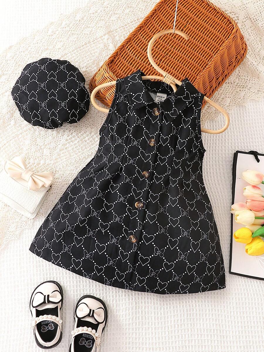 SHEIN Valentine's Day Baby Girl Allover Heart Print Shirt Dress & Hat - Black - View 1