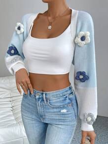 SHEIN Qutie Nữ Cardigans Đắp vá Đề can Khối Màu Hoa Giải trí - Xanh và trắng - Xem 4