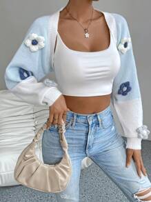 SHEIN Qutie Nữ Cardigans Đắp vá Đề can Khối Màu Hoa Giải trí - Xanh và trắng - Xem 5