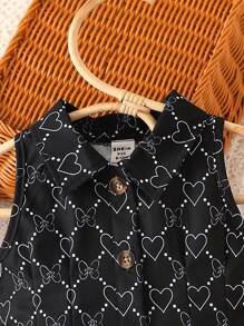 SHEIN Valentine's Day Baby Girl Allover Heart Print Shirt Dress & Hat - Black - View 4