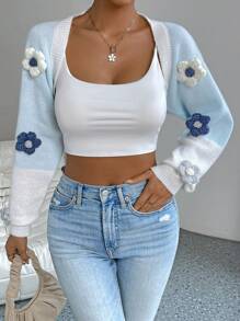 SHEIN Qutie Nữ Cardigans Đắp vá Đề can Khối Màu Hoa Giải trí - Xanh và trắng - Xem 6
