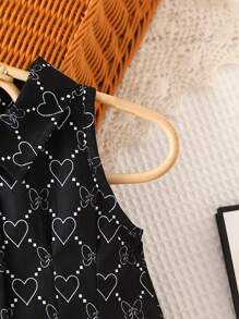 SHEIN Valentine's Day Baby Girl Allover Heart Print Shirt Dress & Hat - Black - View 5