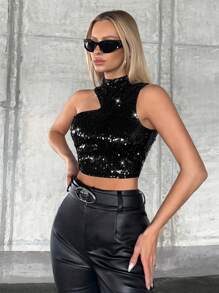 SHEIN BAE Asymmetrical Neck Crop Sequin Top - Black - View 4