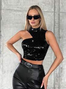 SHEIN BAE Asymmetrical Neck Crop Sequin Top - Black - View 5