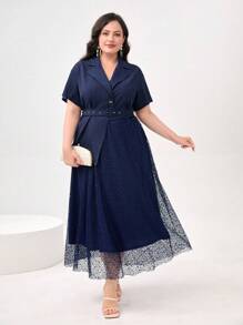 Modelyn Bộ thời trang Plus Size Thắt lưng Tương phản Mesh Nút phía trước màu trơn Thanh lịch - Màu xanh hải quân - Xem 1