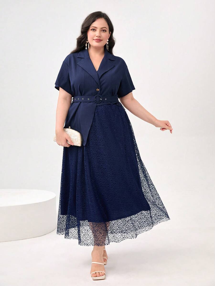 Modelyn Bộ thời trang Plus Size Thắt lưng Tương phản Mesh Nút phía trước màu trơn Thanh lịch - Màu xanh hải quân - Xem 1
