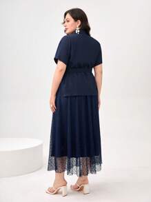 Modelyn Bộ thời trang Plus Size Thắt lưng Tương phản Mesh Nút phía trước màu trơn Thanh lịch - Màu xanh hải quân - Xem 2