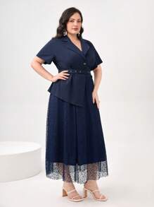 Modelyn Bộ thời trang Plus Size Thắt lưng Tương phản Mesh Nút phía trước màu trơn Thanh lịch - Màu xanh hải quân - Xem 4