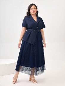 Modelyn Bộ thời trang Plus Size Thắt lưng Tương phản Mesh Nút phía trước màu trơn Thanh lịch - Màu xanh hải quân - Xem 6