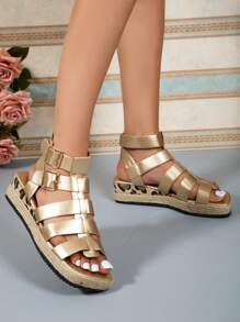 Women Lightweight Espadrille Gladiator Sandals, Vacation Gold Wedge Sandals - Gold - View 1