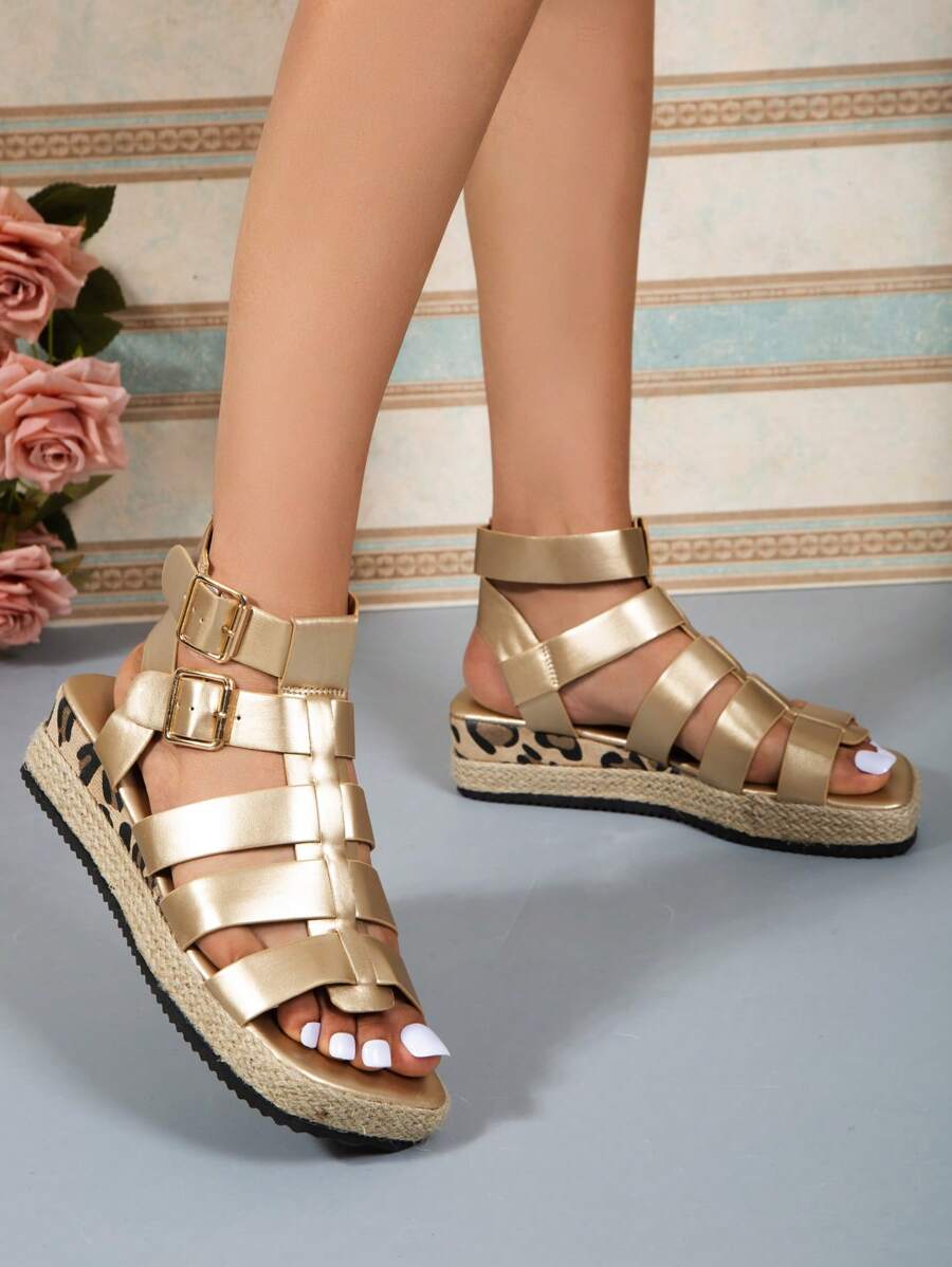 Women Lightweight Espadrille Gladiator Sandals, Vacation Gold Wedge Sandals - Gold - View 1