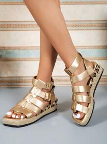Women Lightweight Espadrille Gladiator Sandals, Vacation Gold Wedge Sandals - Gold - View 2