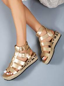 Women Lightweight Espadrille Gladiator Sandals, Vacation Gold Wedge Sandals - Gold - View 5