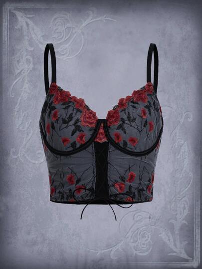Goth Floral Embroidery Lace Up Contrast Lace Underwire Bra, Lingerie