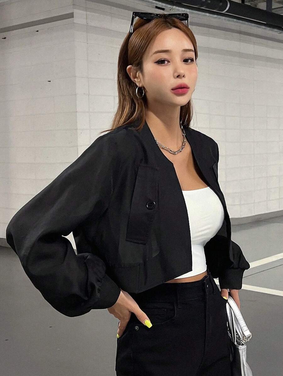 DAZY 純色拉鍊短夾克 - 黑色 - 查看 1