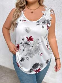 SHEIN LUNE Plus Floral Print Appliques Tank Top - Multicolor - View 1