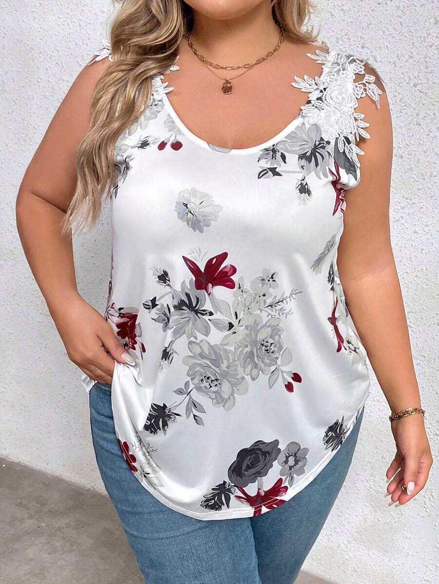 SHEIN LUNE Plus Floral Print Appliques Tank Top - Multicolor - View 1