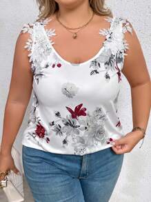 SHEIN LUNE Plus Floral Print Appliques Tank Top - Multicolor - View 4