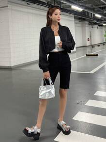 DAZY 純色拉鍊短夾克 - 黑色 - 查看 6