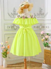 Girls Floral Appliques Ruffle Trim Cold Shoulder Belted Dress - Yellow - View 1