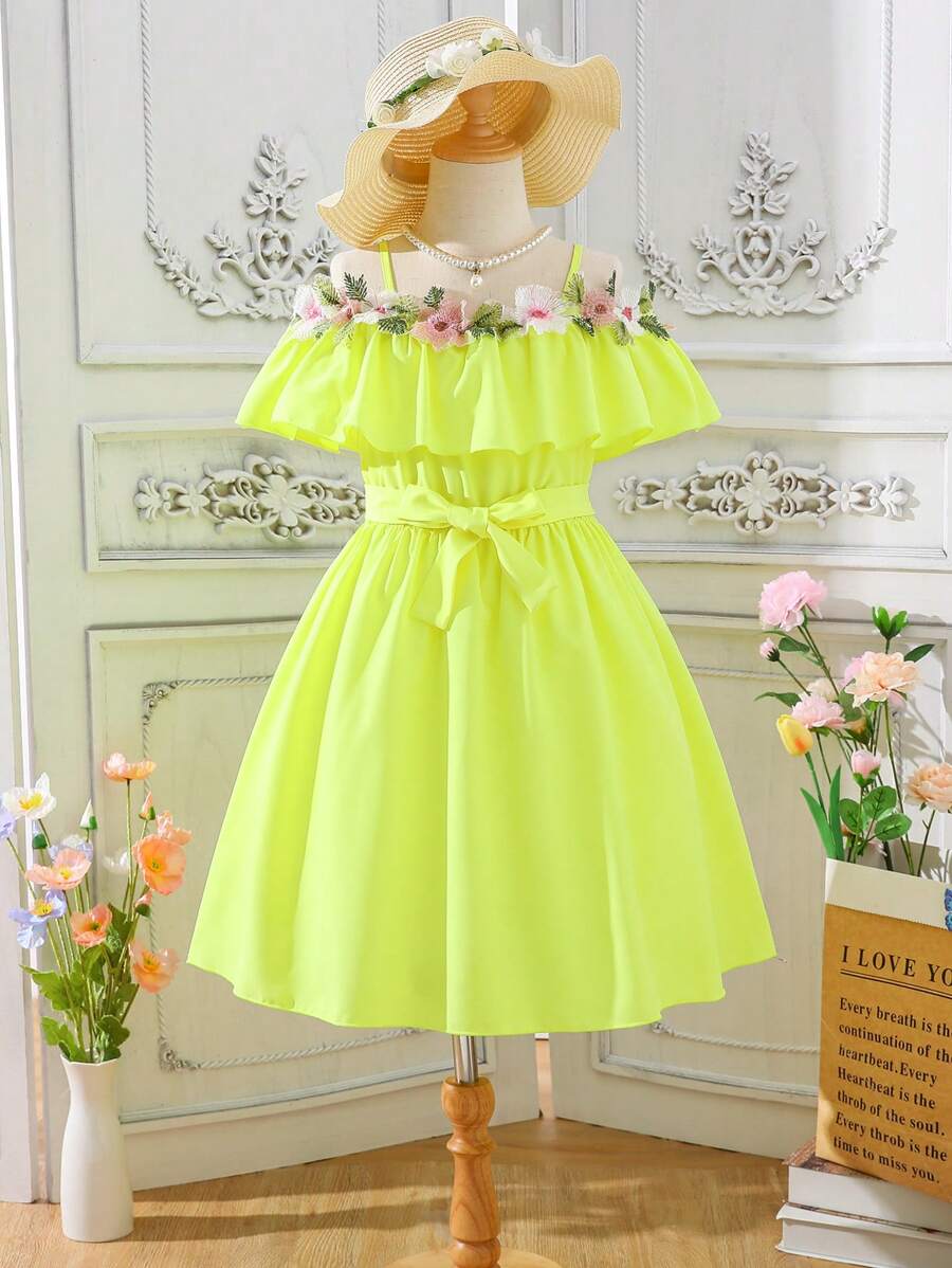 Girls Floral Appliques Ruffle Trim Cold Shoulder Belted Dress - Yellow - View 1