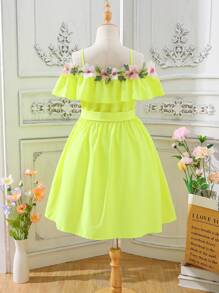 Girls Floral Appliques Ruffle Trim Cold Shoulder Belted Dress - Yellow - View 2