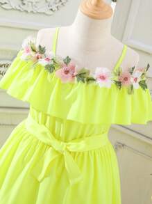 Girls Floral Appliques Ruffle Trim Cold Shoulder Belted Dress - Yellow - View 5
