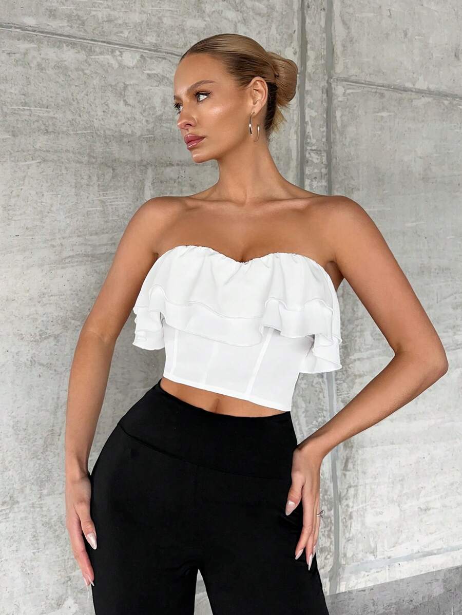 SHEIN SXY Áo nữ Dây kéo Xù phân lớp màu trơn Giải trí - trắng - Xem 1