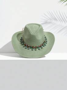 SHEIN VCAY 1入組女性珠子裝飾波西m亞草編帽適用於度假 - 綠色 - 查看 1