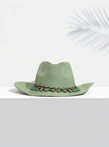 SHEIN VCAY 1入組女性珠子裝飾波西m亞草編帽適用於度假 - 綠色 - 查看 5
