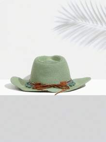 SHEIN VCAY 1入組女性珠子裝飾波西m亞草編帽適用於度假 - 綠色 - 查看 6