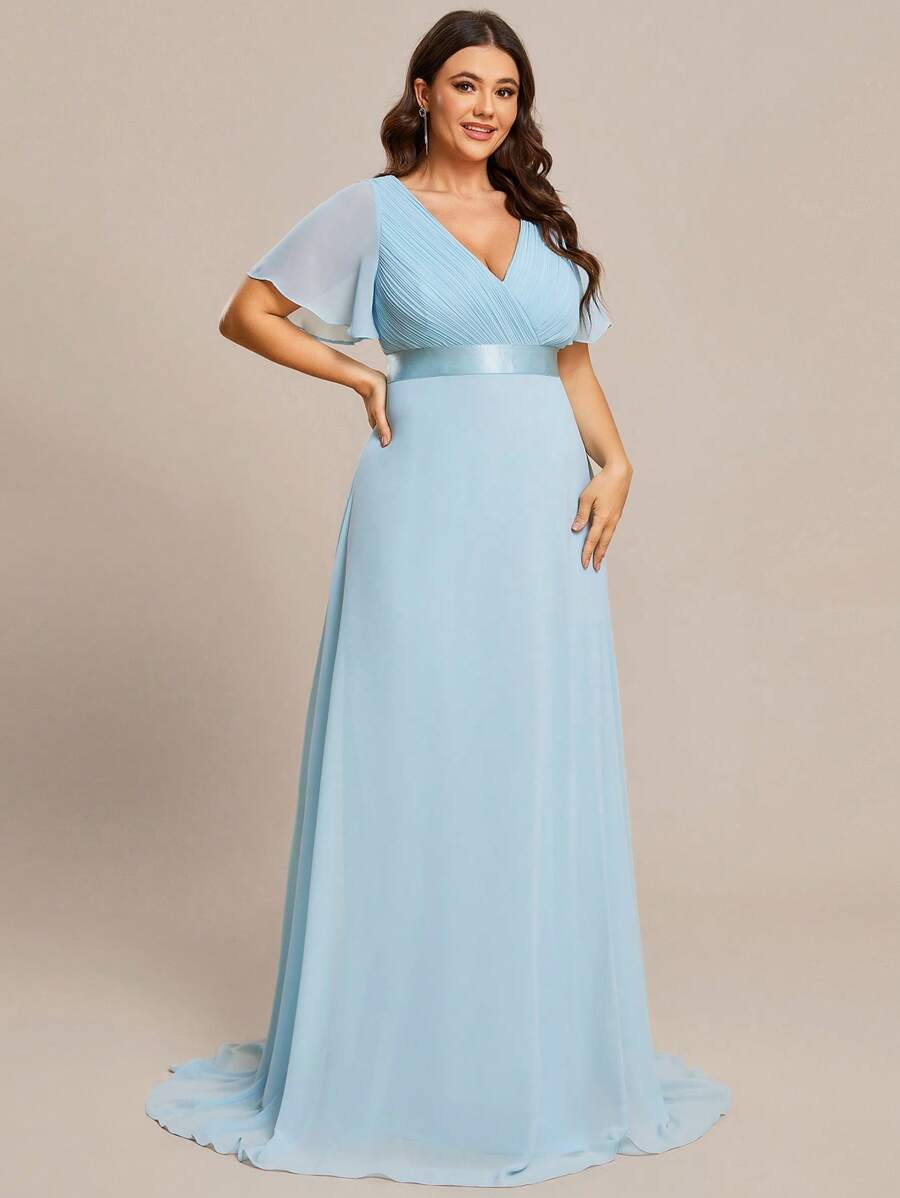 EVERPRETTY Plus Size Elegant V-Neck Ruched Bust Light Blue Bridesmaid Dress, Wedding Guest Formal Dress For Wedding Dinner, Birthday Party, Valentine's Day