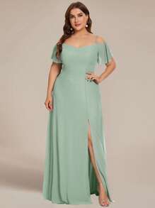 Plus Size Elegant Romantic Alluring Off-Shoulder Sage Green Bridesmaid Dress, Suitable For Autumn Wedding Guest - Mint Green - View 4