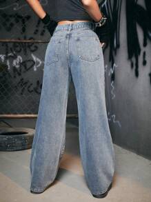 ROMWE Grunge Punk Star Patched Wide Leg Jeans - Light Wash - View 2