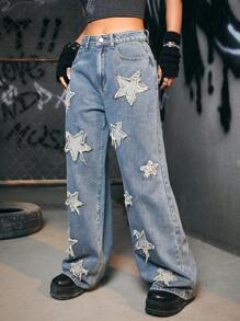 ROMWE Grunge Punk Star Patched Wide Leg Jeans - Light Wash - View 5