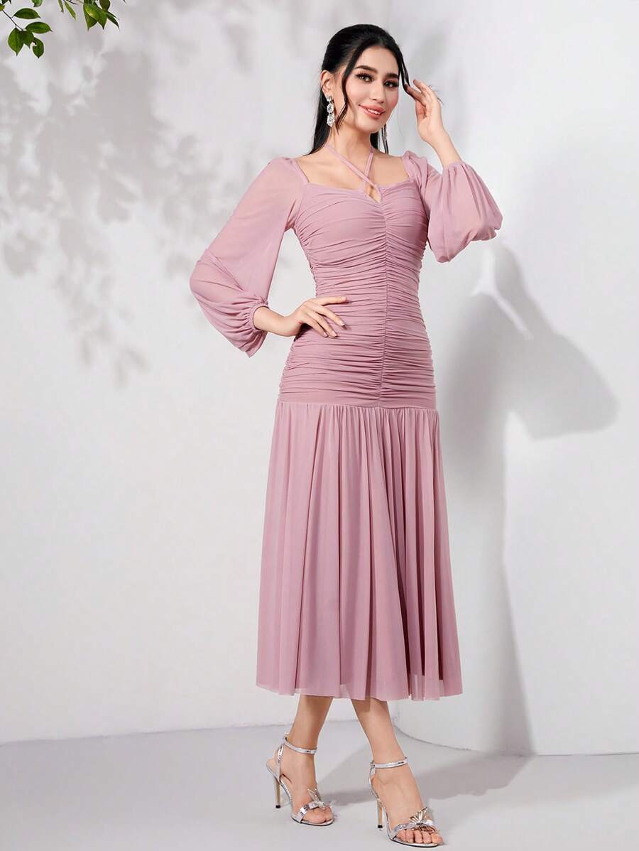 Modelyn Vestido largo de noche con cuello palabra de honor, drapeado de volantes y tela de malla - Rosa vieja - Ver 1